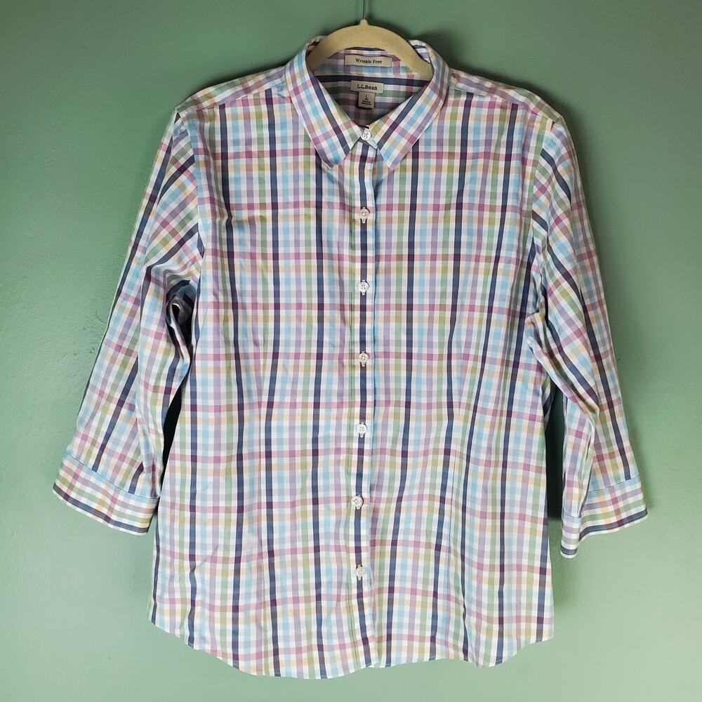 L.L. Bean Womens Multicolor Wrinkle Free Pastel Plaid Button Up Shirt Size Large